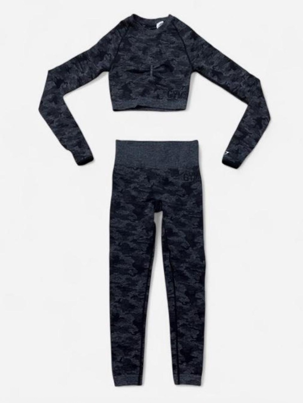 Gymshark Black Camo Seamless Long Sleeve Crop Top & Leggings set